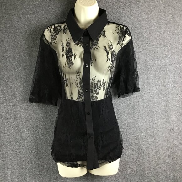 Black Button Up Delicate Lace Flutter Sleeve Shirt Sz L - Picture 2 of 9
